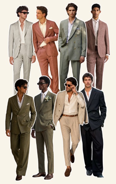 Outfit ideas for the gents: tailored suits in stone, terracotta, sage, dusty pink, olive and black.