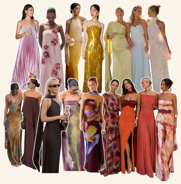 Outfit ideas for the ladies: long, flowing dresses in lilac, blush, gold, pastel yellow, pale blue, chocolate, rust and printed silks.